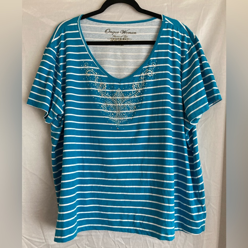 Blue/White Striped Short Sleeve Top with Neckline Bling by Onque Woman sz 2X